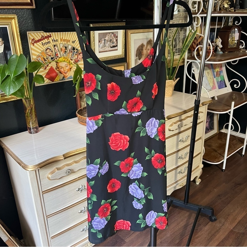 Vintage Floral Black Dress with Red and Purple Flowers